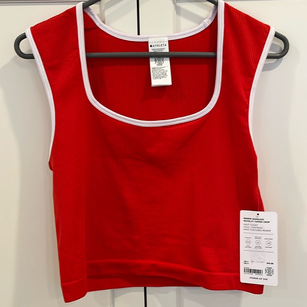 NWT ATHLETA RENEW SEAMLESS NOVELTY TIPPED CROP, RED/White, M